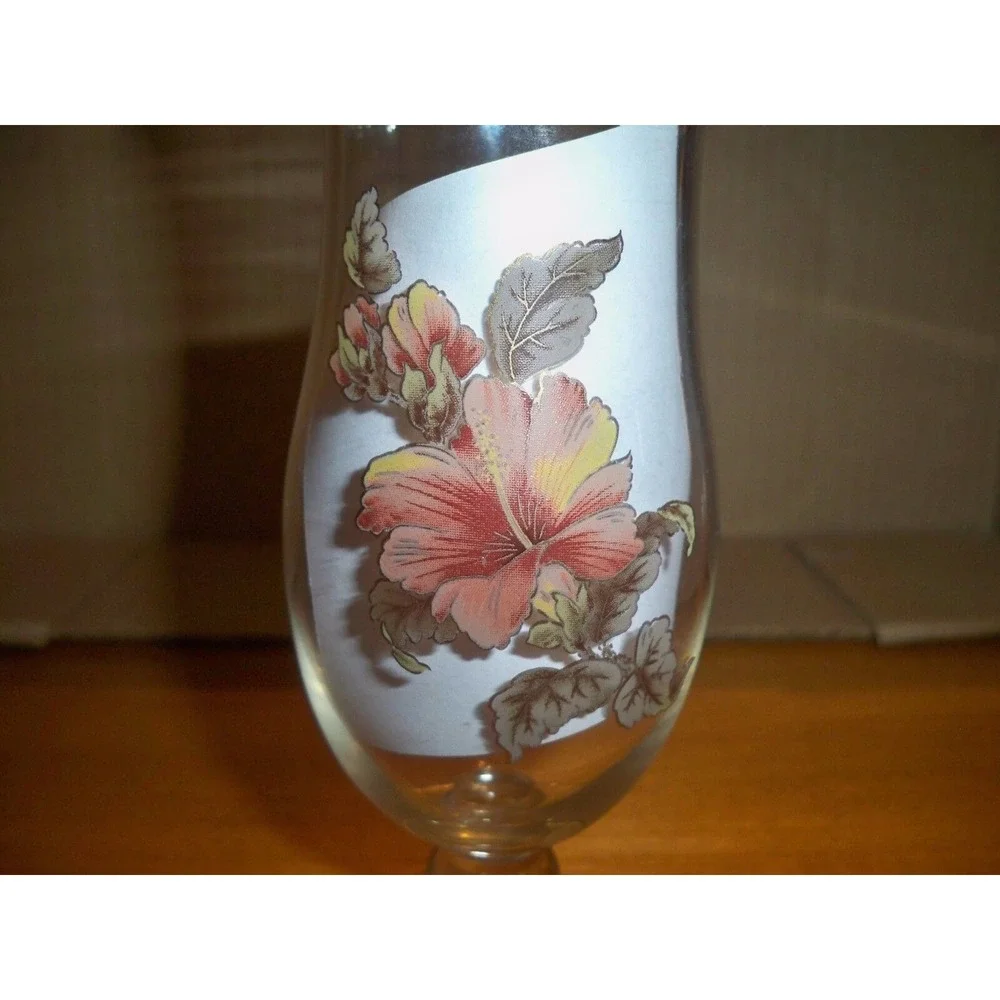Vintage‎ Glass Footed Vase Floral Decal Gold Trim